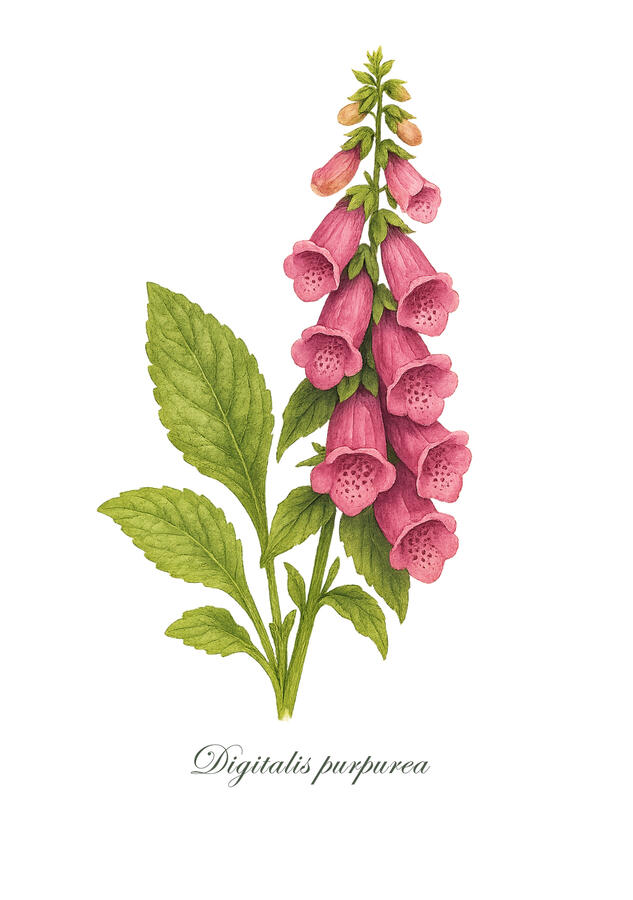 Untitled Spread from “In Green Ink and Silence” featuring Foxglove in a vintage-style watercolour illustration.