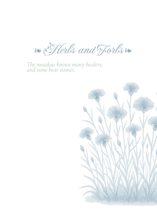 Untitled Opening page for “Herbs and Forbs” chapter of“In Green Ink and Silence” featuring a vintage-style watercolour illustration of cornflowers.